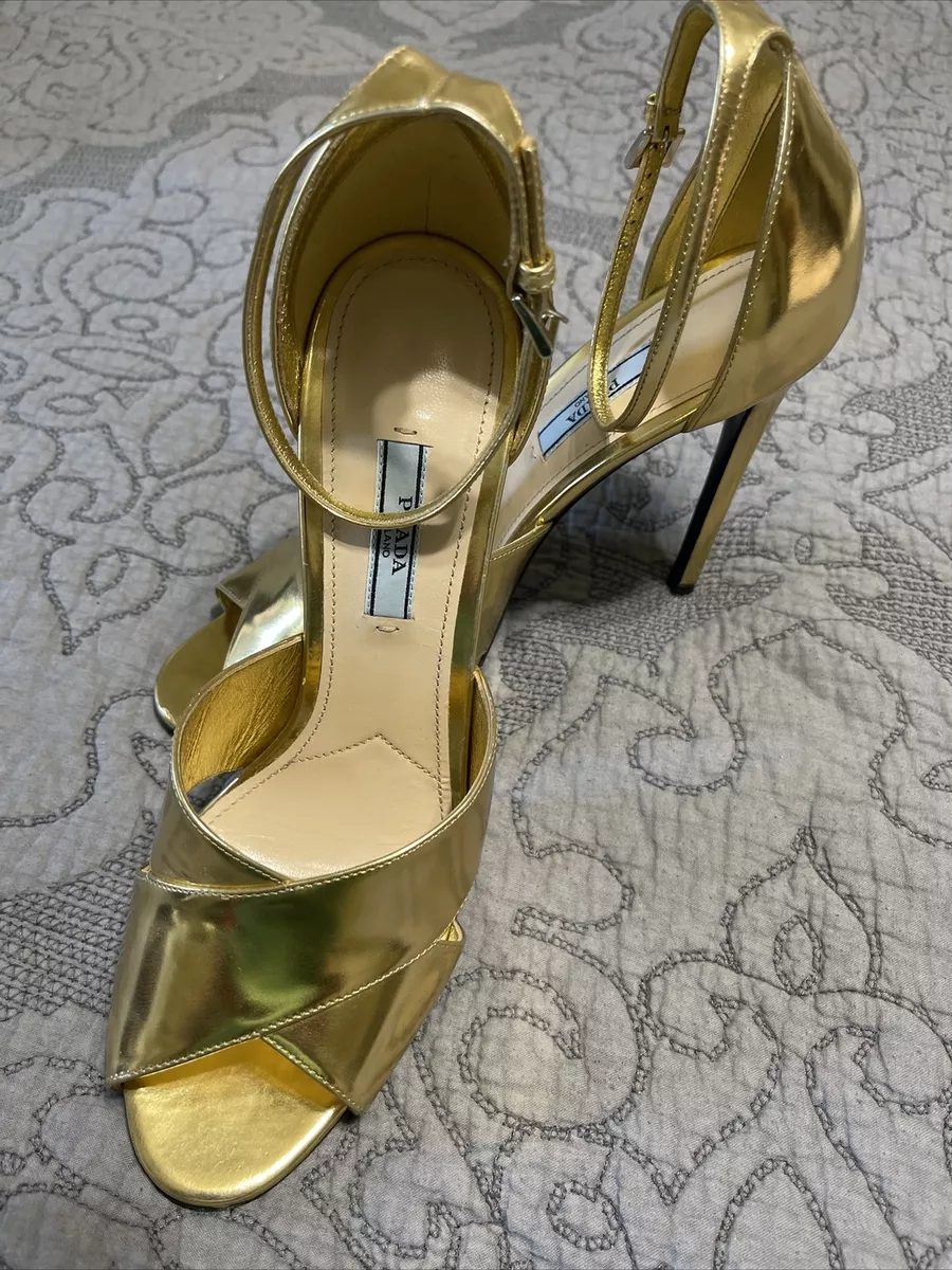 Prada Criss Cross Ankle Strap Stiletto Heels Shoes Gold Metallic