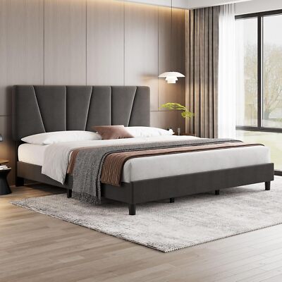 King Size Upholstered Platform Bed Frame with Adjustable Headboard & Wooden Slat
