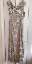 NWT Tahari Women's Maxi Formal Dress Size 2 Cowl Neck Lined Beige Silver