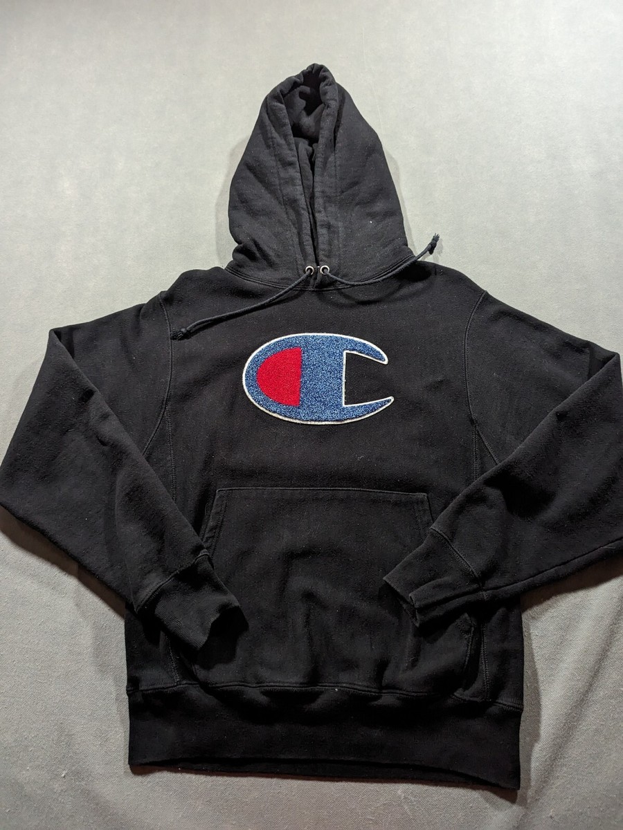 Champion Hoodie Men Small Black Big Shag Logo Reverse Weave Y2K