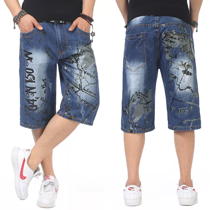 Mens Denim Shorts Jeans Wide Leg Relaxed Fit Young Teens Print Character W30 W32