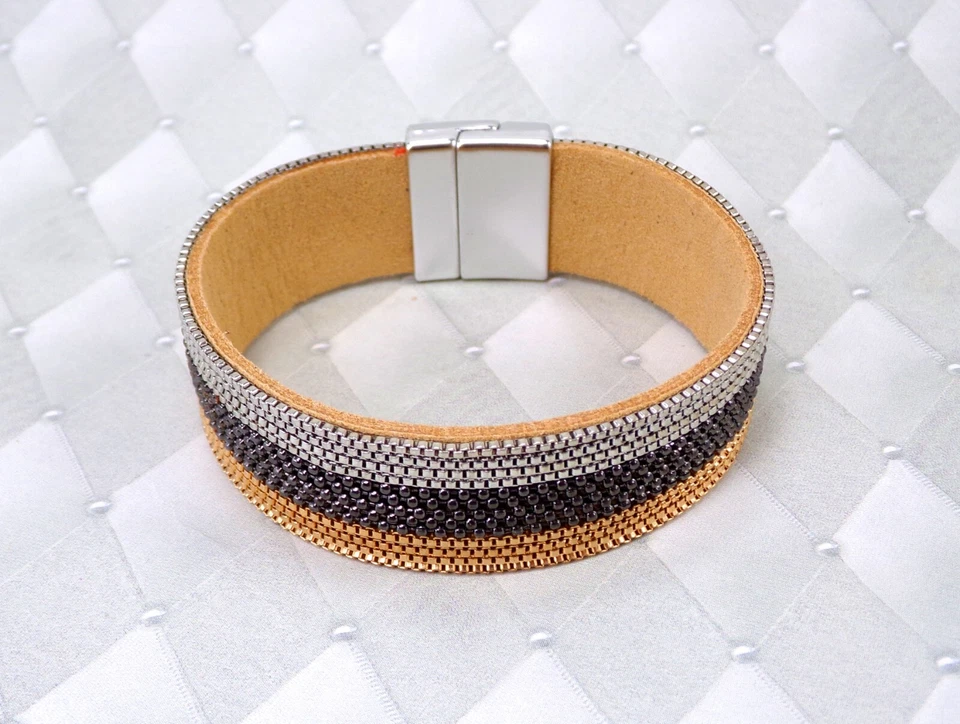 Pulsera envolvente de cadena en 3 colores, oro, plata, cadena de hematita en banda de gamuza Nueva  Foto 4 de 4