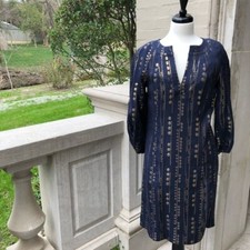 New Tory Burch Navy and Gold Tunic Silk blend Shift Dress Womens Size 2