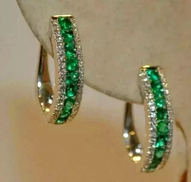3Ct Round Cut Lab Created Emerald & Diamond Hoop Earrings 14K White Gold Plated - Image 2 of 2