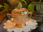 Vtg Jeanette Glass Iris Herringbone Marigold Carnival Sugar Bowl Dble Handle Lid