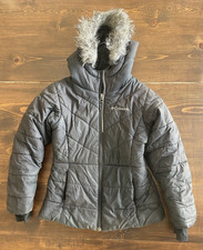Columbia Puffer Jacket Girls Black S 7/8 Hooded Faux Fur Trim Zip