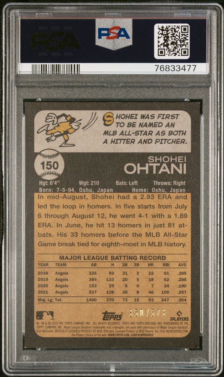2022 TOPPS HERITAGE CHROME RED REFRACTOR #150 SHOHEI OHTANI #/573 PSA 8 view 2