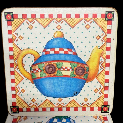 Mary Engelbreit Teapot Coasters Cork Back Square Set Of 8 Vintage NO BOX - Picture 8 of 17