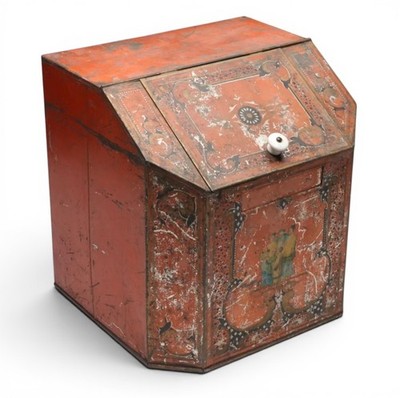 Antique Chinese Tea Tin Red Lithographed Tea Caddy Metal Storage Box Chinoiserie