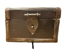 Vintage Small Riveted Metal Cash Box Trunk 6&rdquo; Dome Studs Hasp Lock Antique Toolb