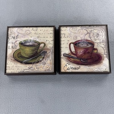 Tre Sorelle Vintage Framed Coffee Art Set Of 2 Espresso Cafe' Au Lait Decor