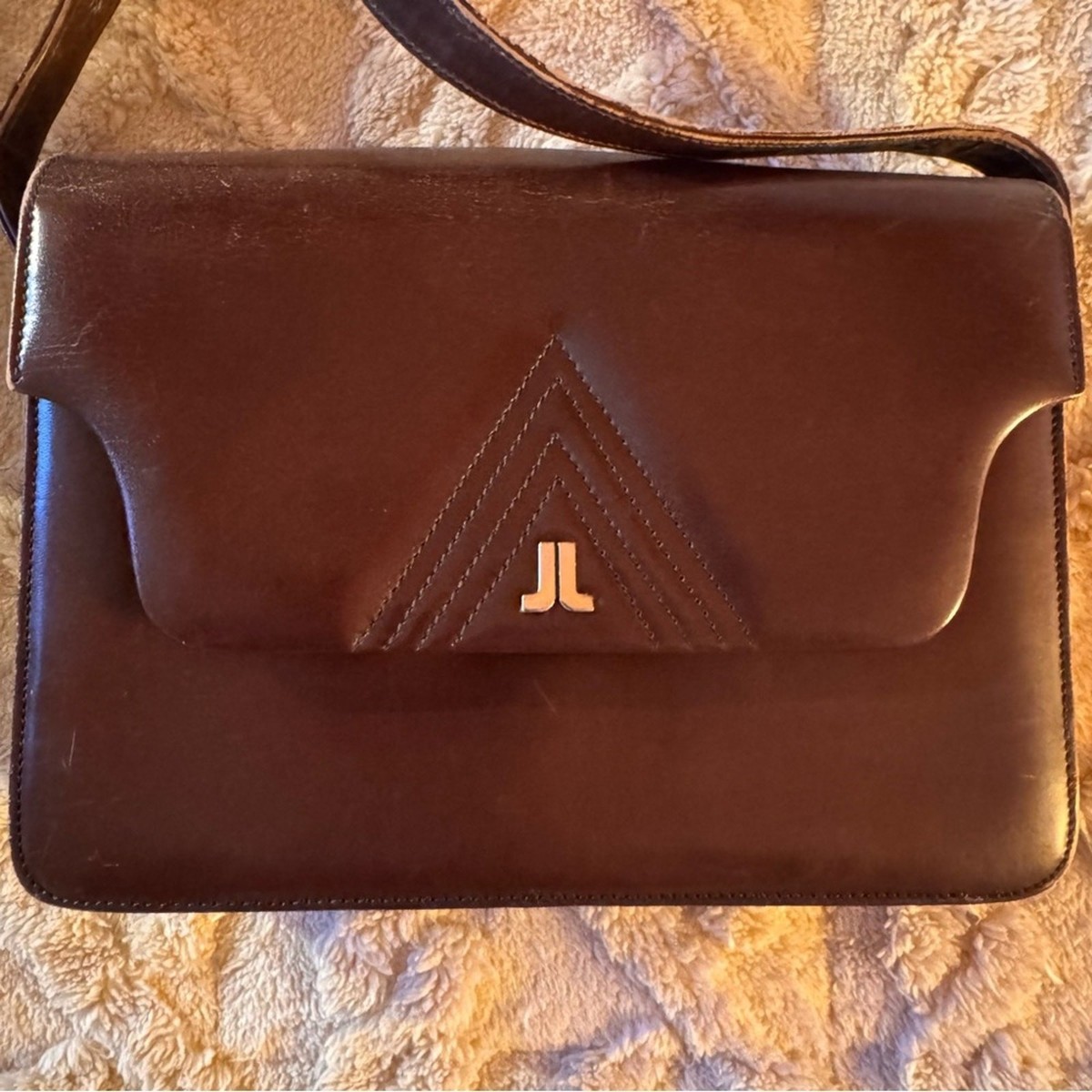 Vintage Lanvin Paris Brown Leather Flap Shoulder Bag JL Logo Late