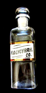ANTIQUE Medicine  APOTHOCARY Labeled BOTTLE "M.GLYCYRRH,CO" 8 1/2" w/ STOPPER