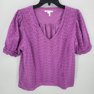 Draper James Top Womens XL Magenta Purple Puff Sleeve V Neck Boho Romantic