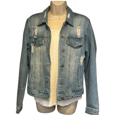 Love Tree Denim Blue Jean Jacket Large Distressed 100% Cotton Trucker Cropped