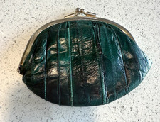 Vtg Lee Sands Vintage Genuine Eel Skin Coin Purse Green Double Kiss Lock Boho