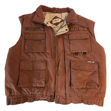 Vintage Sahara Club Brown Canvas Multi-Pocket Utility Vest XL Plaid Lined
