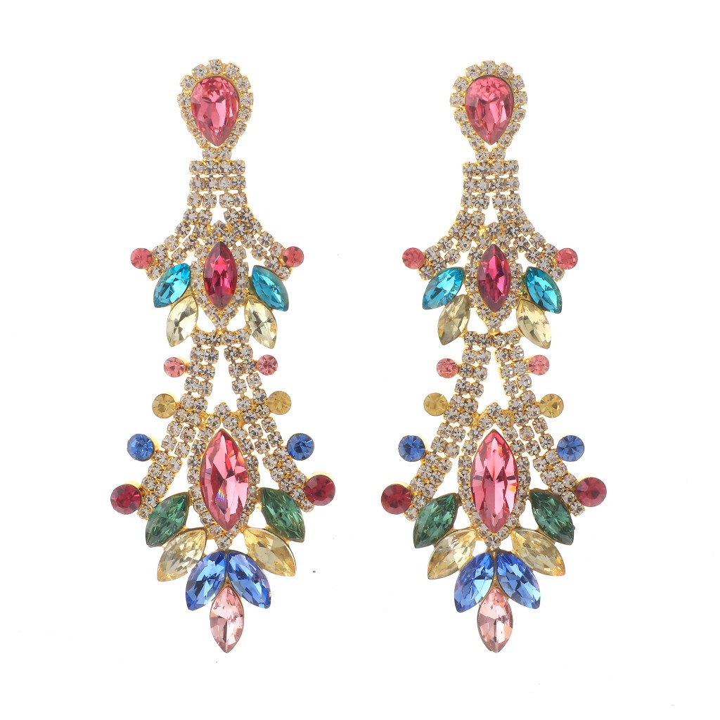 Gold Tone Alloy Metal Crystal Rhinestone Drop Post Earrings ESE7880-MUL