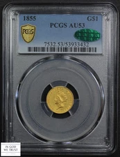 1855 Type 2 Indian Princess One Dollar Gold G$1 PCGS AU 53 CAC