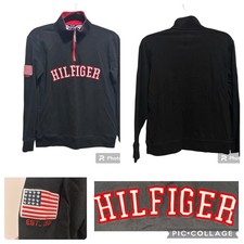 Tommy Hilfiger Youth Long Sleeve Zip Neck Shirt Black Red Flag Logo Sz Large