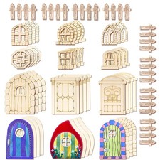 56 Pcs Fairy Door  Window Craft Kit - Wooden Garden Doors, Mini Fences, Unpa...