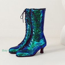 Women's Mid Kitten Heel Calf Sequins Short Boots Glitter Shoes Performance Stage