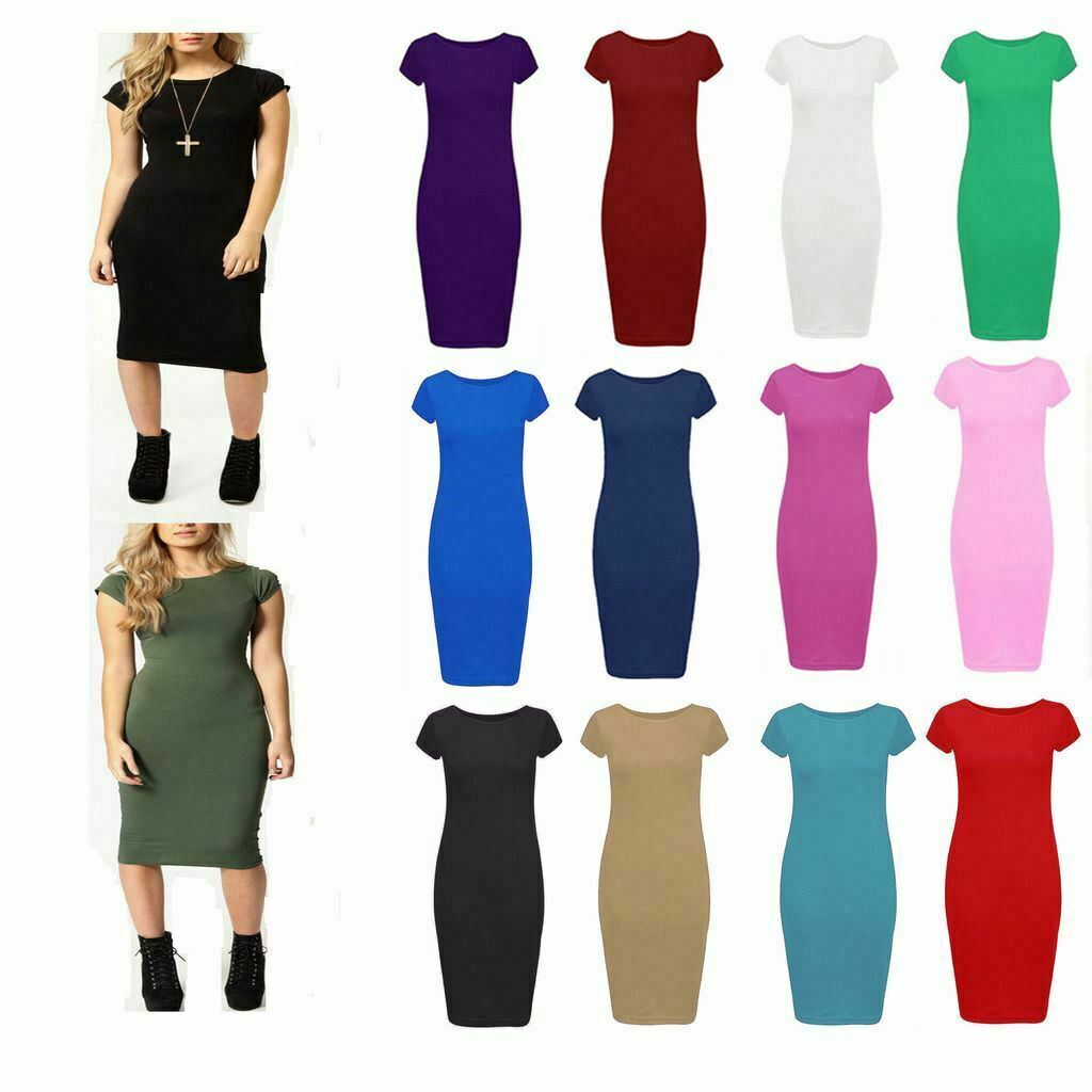 New Womens Ladies Cap Sleeve Stretch Plain Bodycon Midi Maxi Dress UK Size 8-26  | eBay UK