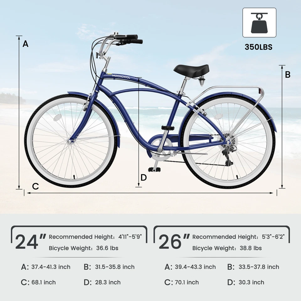 MOONCOOL Adults Beach Cruiser Bike, 26 inch Commuter Bicycle 7-Speed City Bikes - Image 2 of 4
