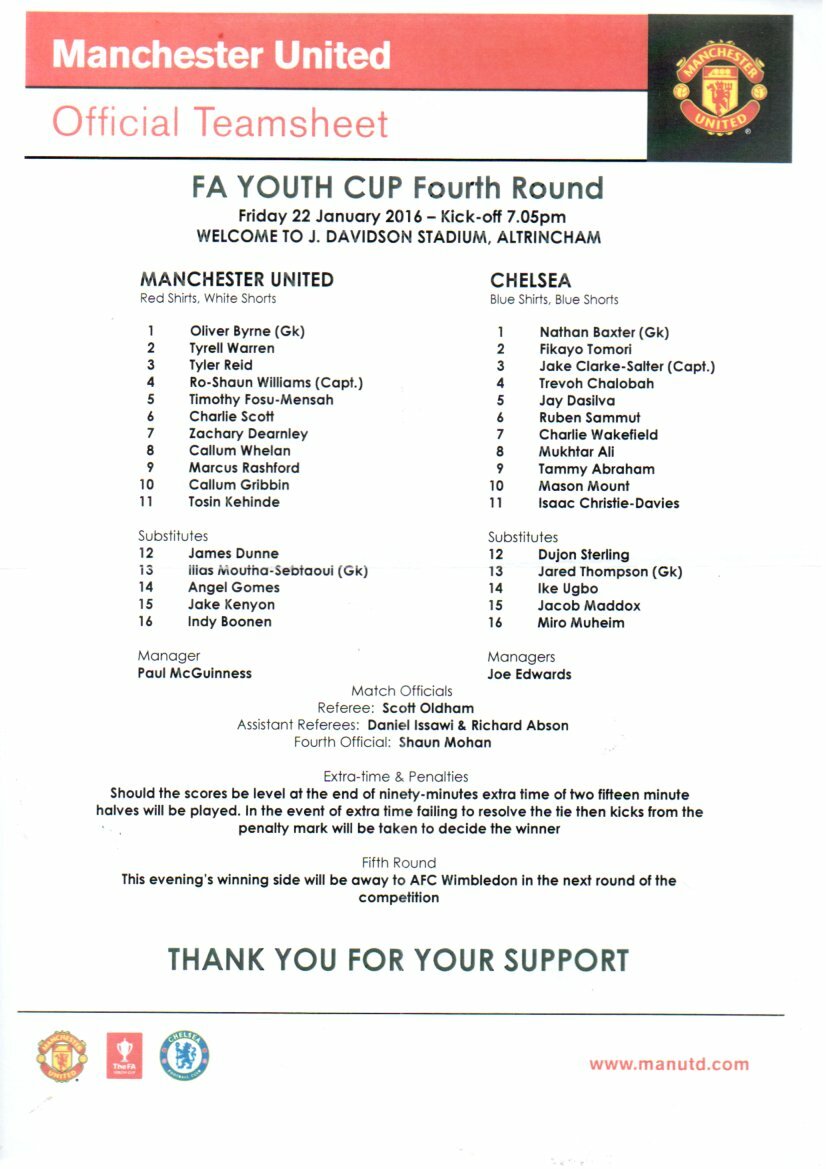 Team Sheet Manchester United v Chelsea FA Youth Cup 22.1.2014 eBay