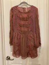 Free People  Crochet Lace Embroidered Long Sleeve Dress/Tunic Dusty Mauve Size S