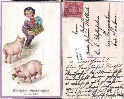 86895,Tolle Neujahr Kind füttert Ferkel m Kleeblätter Klee
