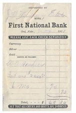 1911 Deposit Slip, First National Bank, Ord, Nebraska, J.B. Woodbury Estate