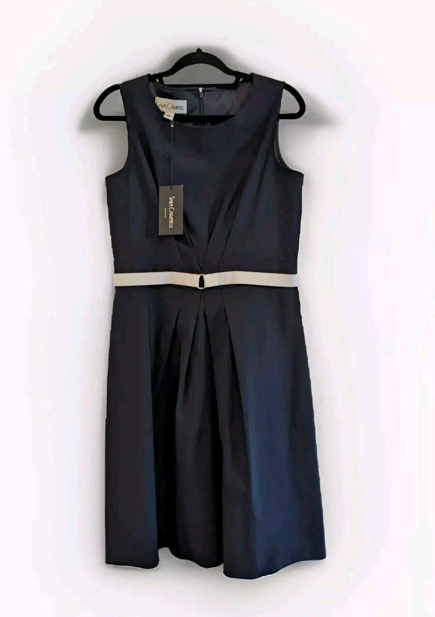 Sara Campbell Navy Dress Size Pleat Front A-Line White Ribbon Waist USA  Made - Main Image