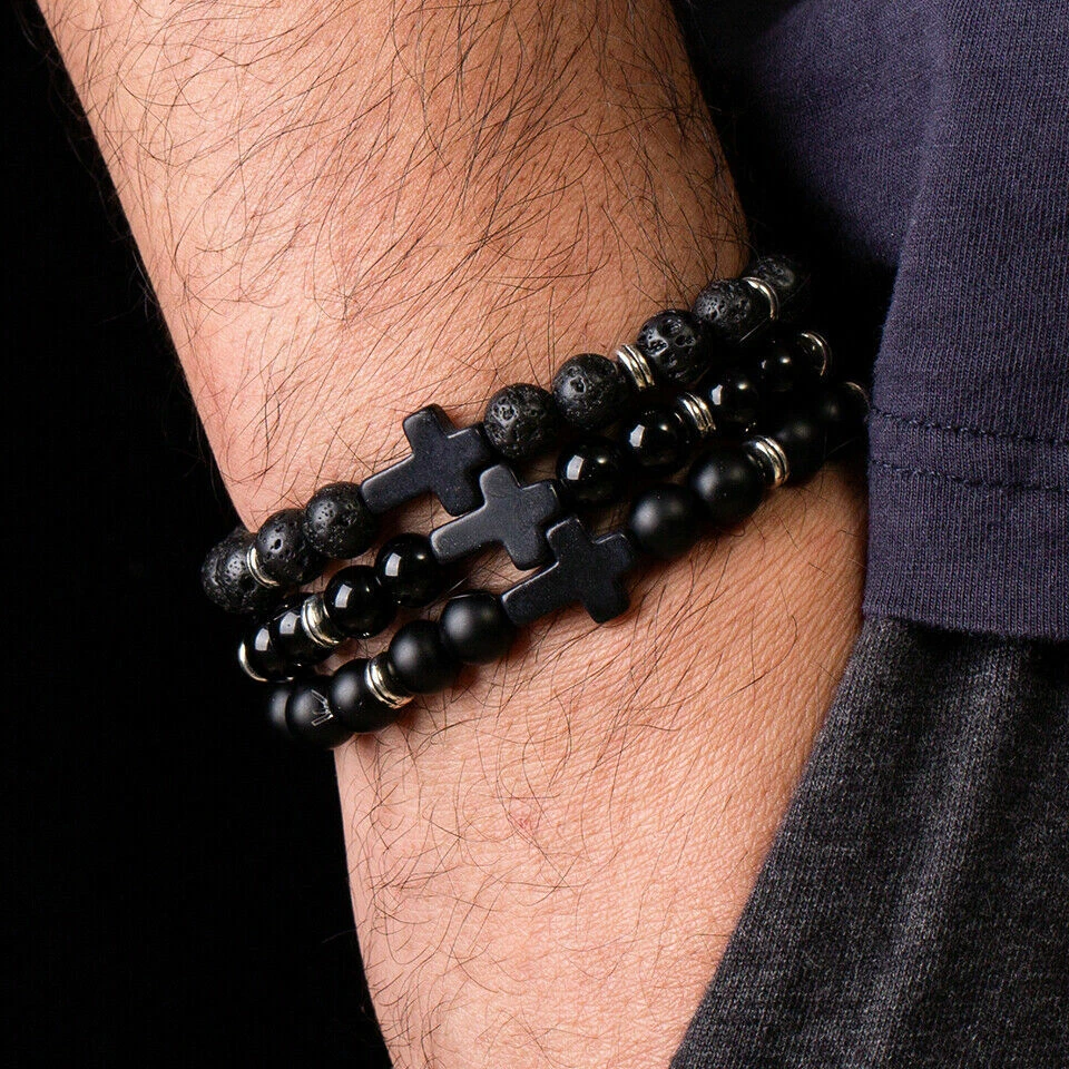 Lava Onyx Stone Cross Yoga Beaded Men Bracelet Boyfriend Gift