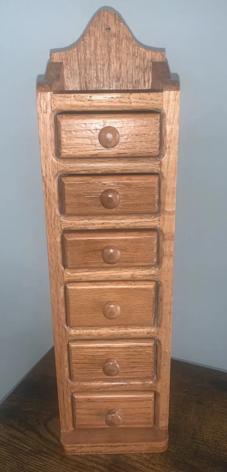 Vintage Solid Oak Apothecary Spice Tea Rack 6 Drawers for Wall or Counter