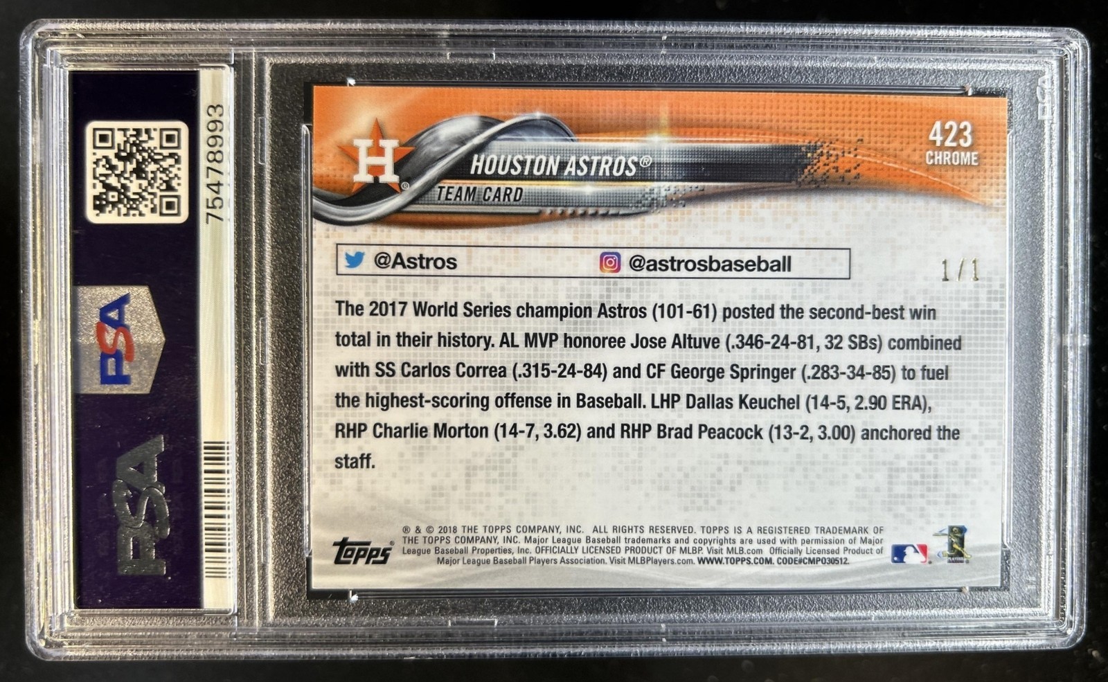 2018 Topps Chrome Sapphire Houston Astros Refractor SuperFractor #1/1 PSA 10 view 2