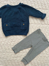 NEXT Baby 2pc Knit Jumper w/ Buttons & Striped Leggings Set Blue 3-6M