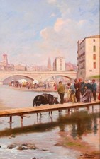 GEMÄLDE Antik Landschaft Spanien Katalonien Girona Onyar Modernismus