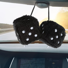 Fuzzy Plush Dice for Car Mirror, Pair 2.4  Black Dice with White Dots