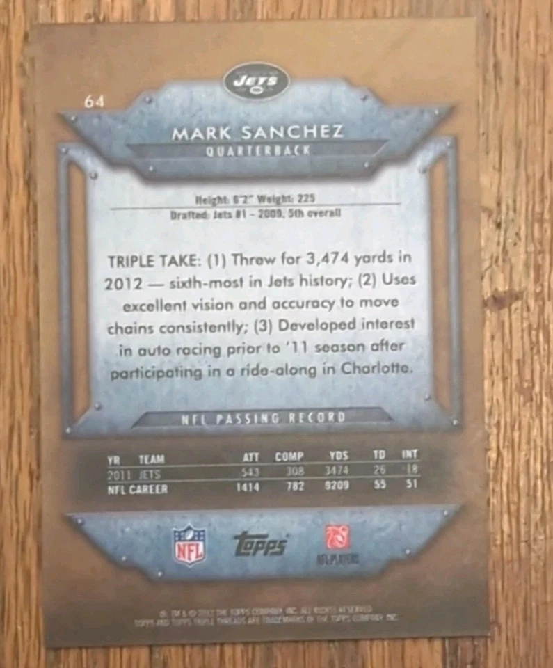 2012 Triple Threads  #/310 MARK SANCHEZ #64 USC/Jets  - Image 2 of 2