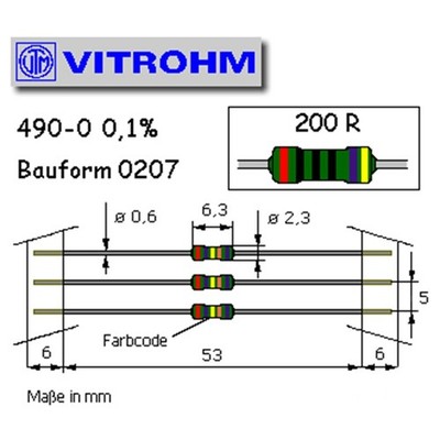 Metallschicht-Widerstand 200 Ohm 0,6 Watt 0,1% Toleranz Bauform 0207