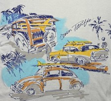 1986 Ocean Pacific Op T Shirt XL Surf Cars Beetle Woody Wrap Around Print 80s