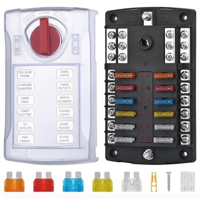 12 Volt Fuse Block, Waterproof Boat Fuse Panel with LED Warning Indicator