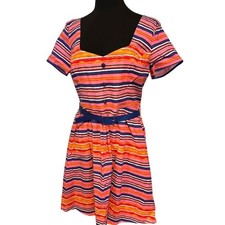 XL Modcloth Fit Flare Retro Dress - Pink, Blue, Orange Stripes