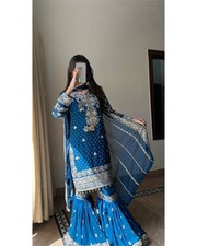 Stunning Look Blue Heavy Faux Georgette Palazzo Suit With Dupatta For Wedding
