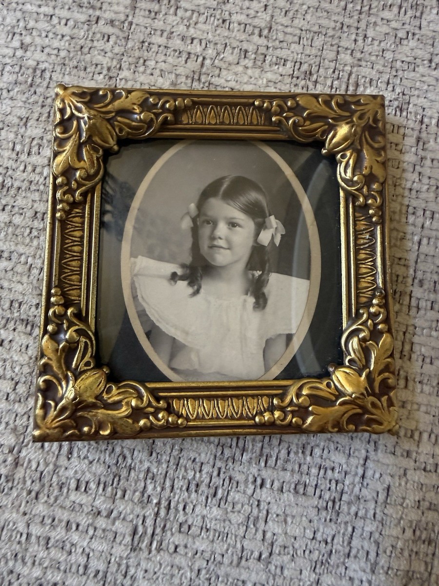 Antique Square Ornate Convex Glass Gold Frame Young Girl Photo