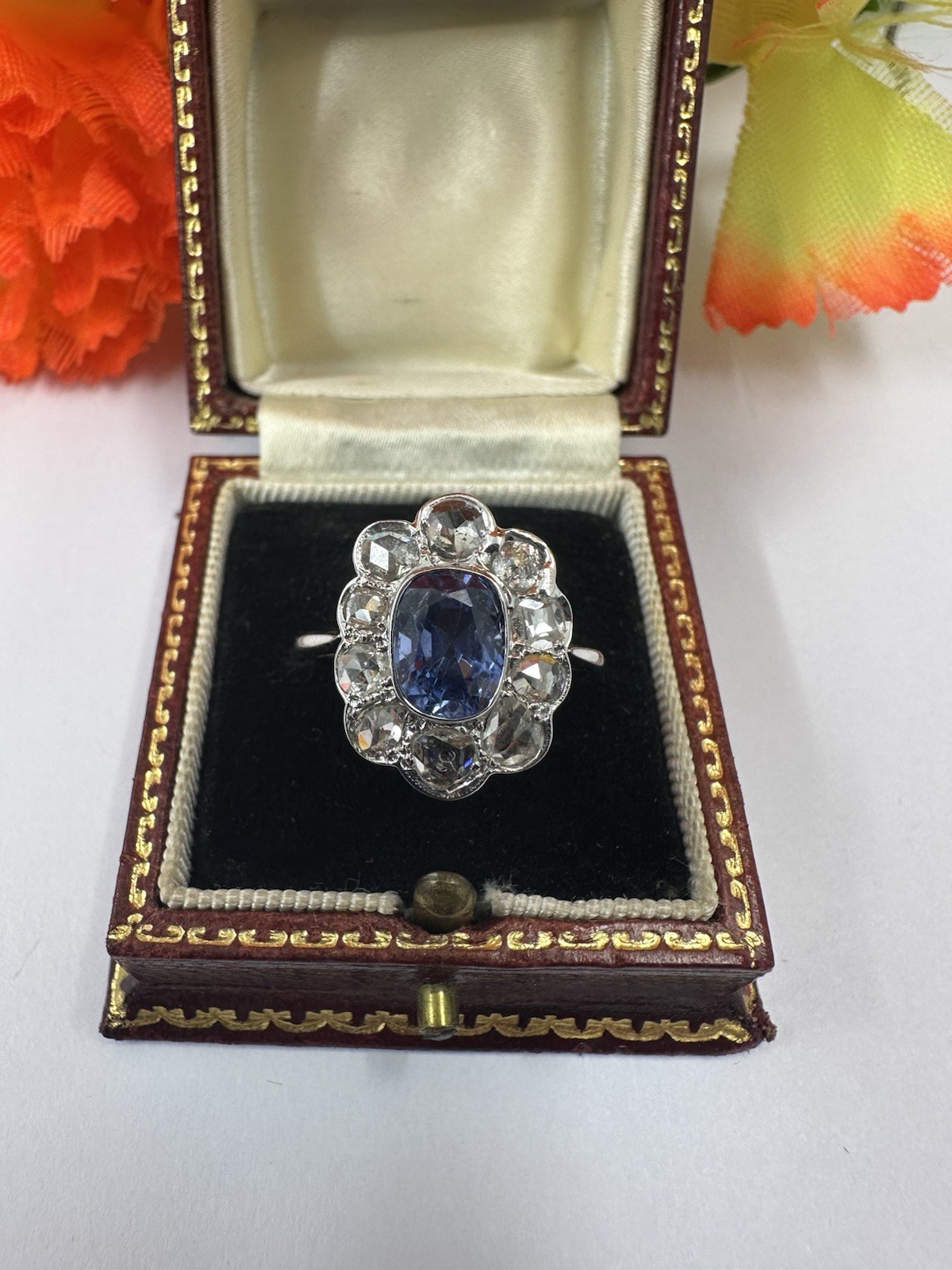 Gorgeous 18ct Ceylon Sapphire/diamond Lady Di Style. Old Cuts. Size L