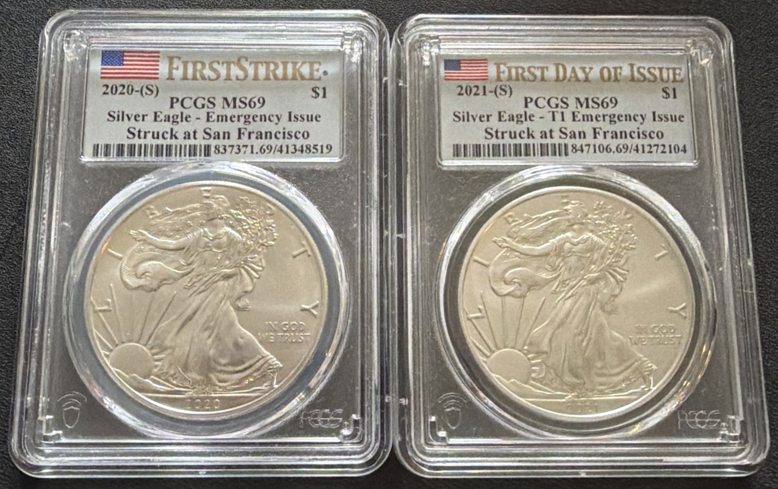 1oz Silver Eagle~Lot Of 2~2020 MS69 Emergency Issue~2021 MS69 T1 Emergency Issue