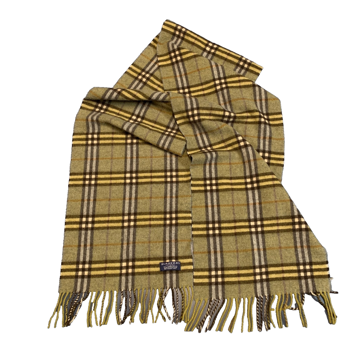 Burberry London Scarf Olive Green Nova Plaid 100% Lambswool 70x12