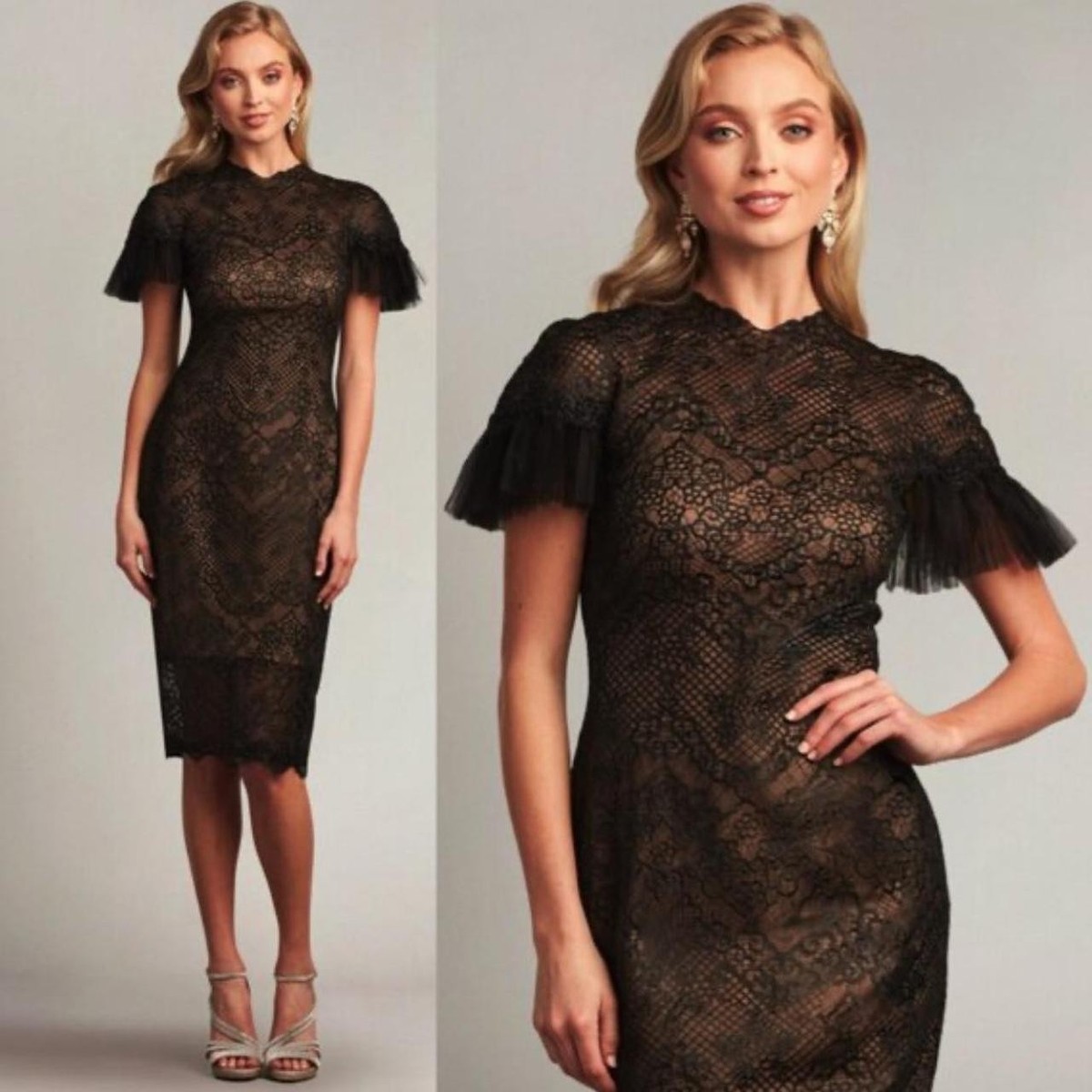 Tadashi Shoji Embroidered Lace Cocktail Dress WMNS 0 Black Tan CBE23084M  Lined